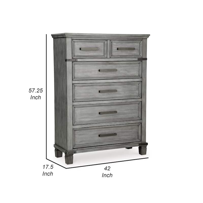 Zac 57 Inch Tall Dresser Chest, 5 Drawers, Metal Accents, Light Gray
