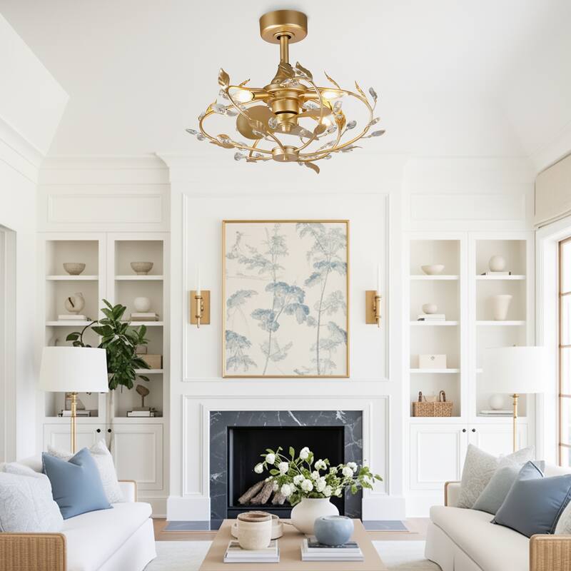 24" Modern Gold Crystal Dimmable Bladeless Ceiling Fan with Light Kit and Remote