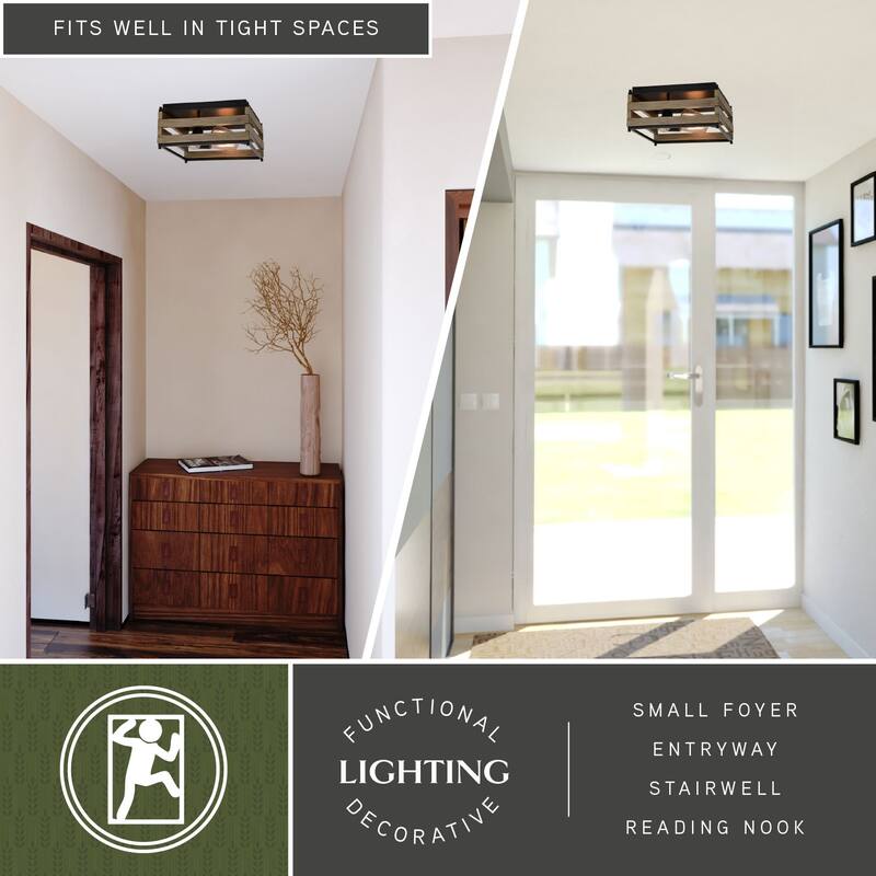 Ravenswood 13-in W Black and Wood Slat Square Farmhouse Flush Mount Ceiling Light Fixture - 13-in W x 6.75-in H x 13-in D