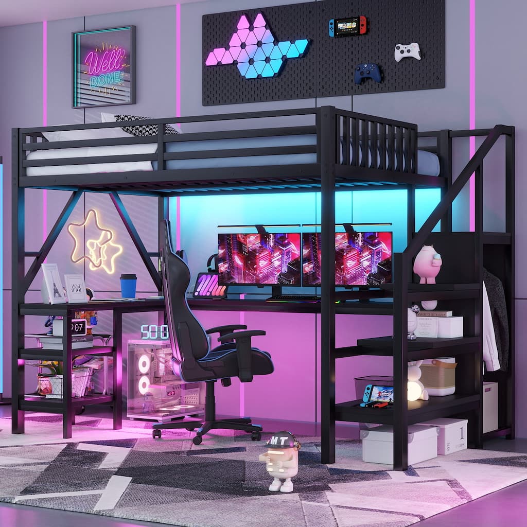 Metal Full Loft Bed with Wardrobe and LED Light, Full Size Loft Bed with L Shaped Desk and USB for Kids Teens Adults
