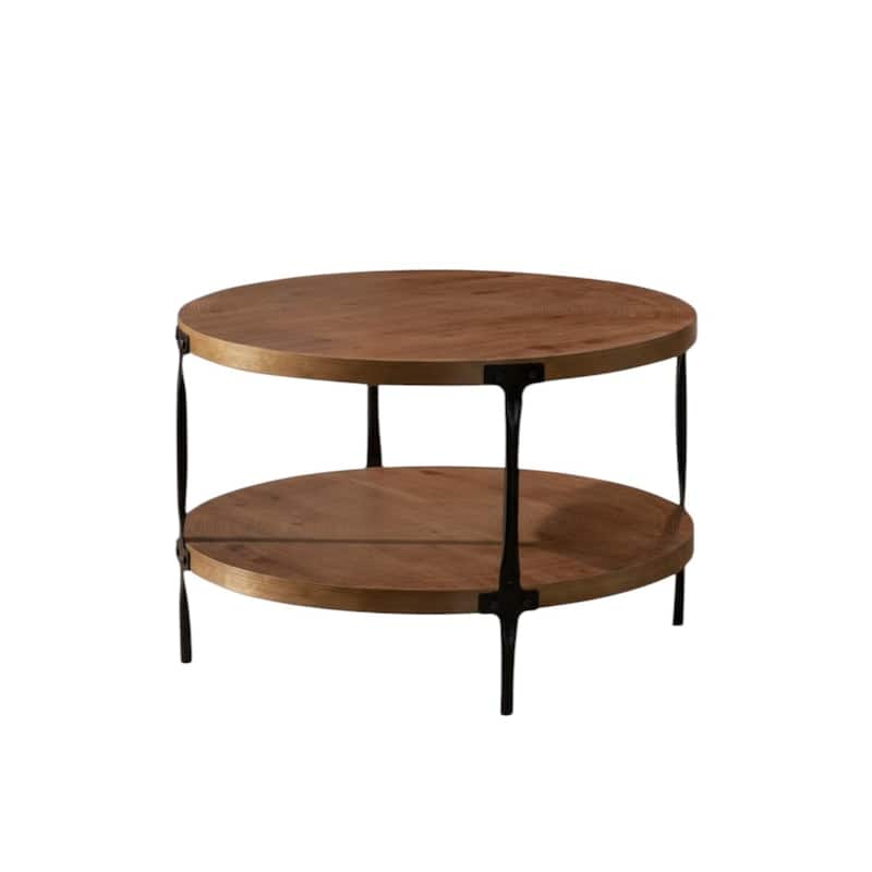 HomeRoots 31" Walnut and Black Wood and Steel Round Coffee Table With Shelf - 30.71 in. x 18.11 in. x 30.71 in.