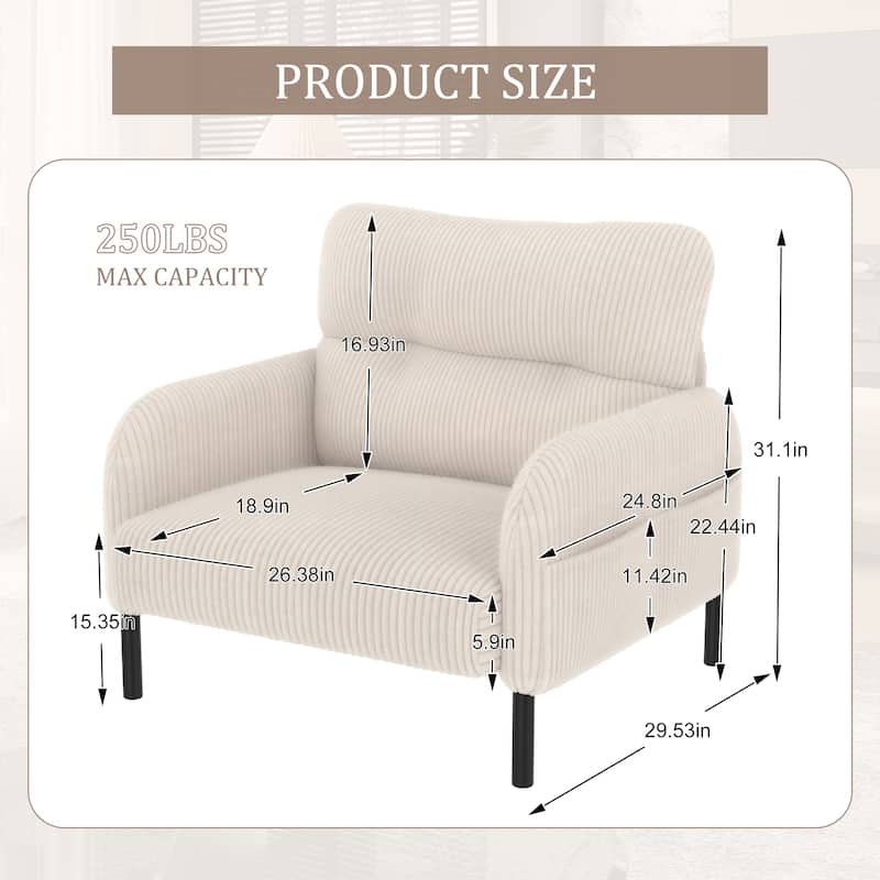 Corduroy Upholstered Single Sofa Chair, Lounge Reading Chair with Side Pockets, Armchair with Solid Wood Frame