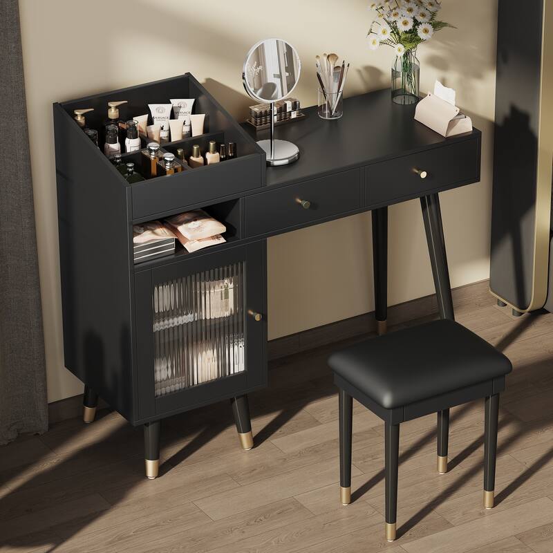 2-Piece Bedroom Set Includes Dressing Table & Upholstered Stool, Makeup Vanity Desk with Charging Station, Drawers & Cabinet