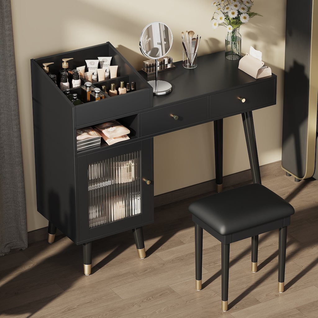Anmytek Black and Gold Vanity Desk with Stool Makeup and Writing Desk for Bedroom