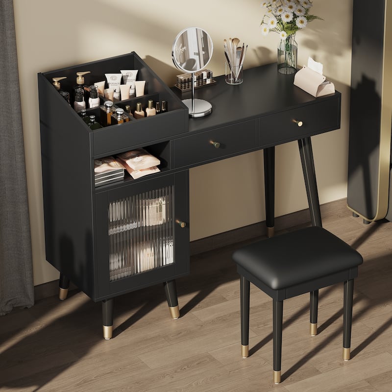 Modern Makeup Vanity Desk with Drawers, Cabinet & Charging Port