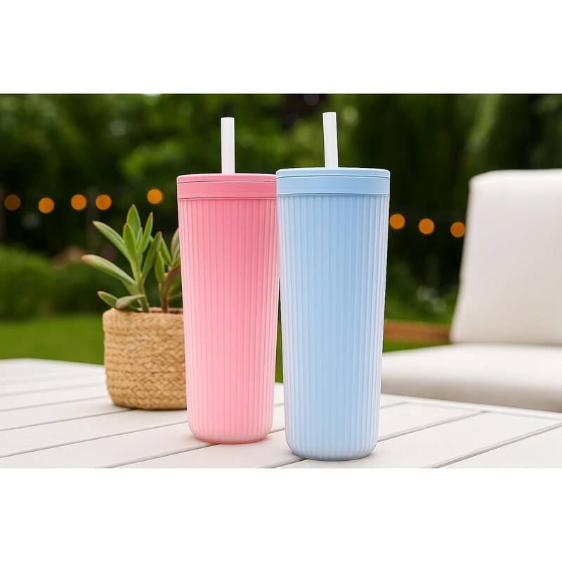 Mesa Cold Double Wall Travel Tumbler with Straw, Pink & Blue, 24 oz, Set of 2
