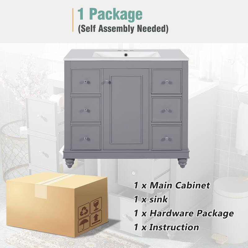 GDFStudio - Mario 36" Bathroom Vanity Cabinet with 4 Drawers and 1 Soft-Close Door