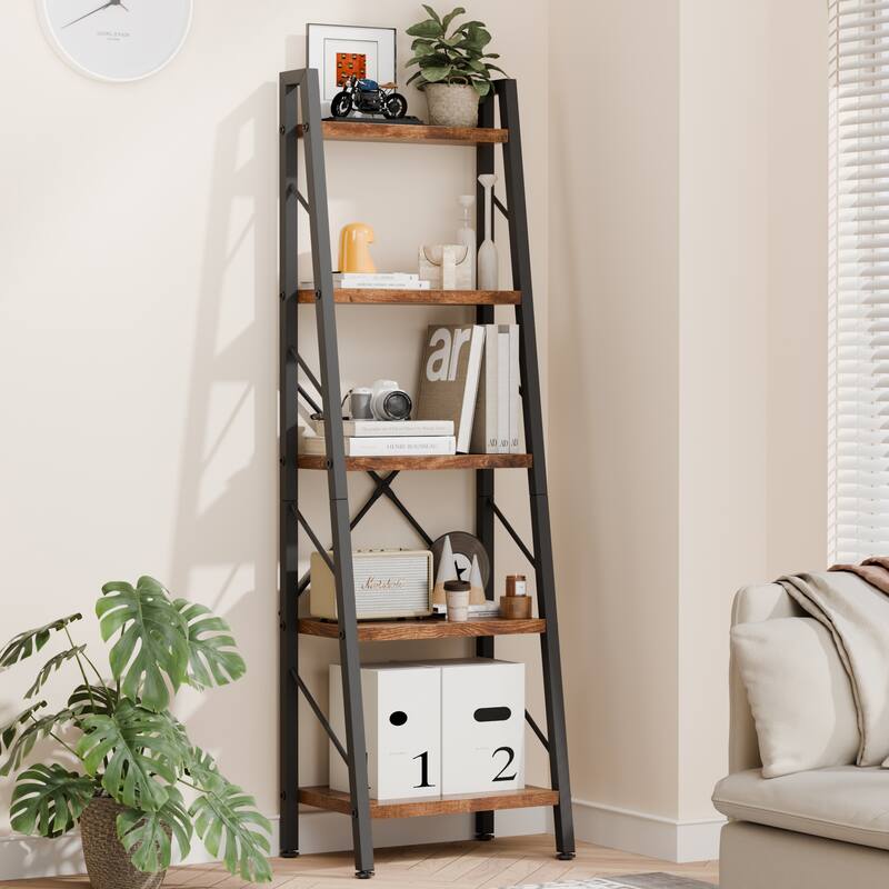 5-Tier Slanted Bookshelf with Fabric Drawer, Wood Storage Shelf - No Drawer