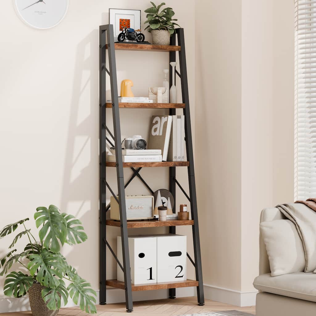 5-Tier Slanted Bookshelf with Fabric Drawer, Wood Storage Shelf