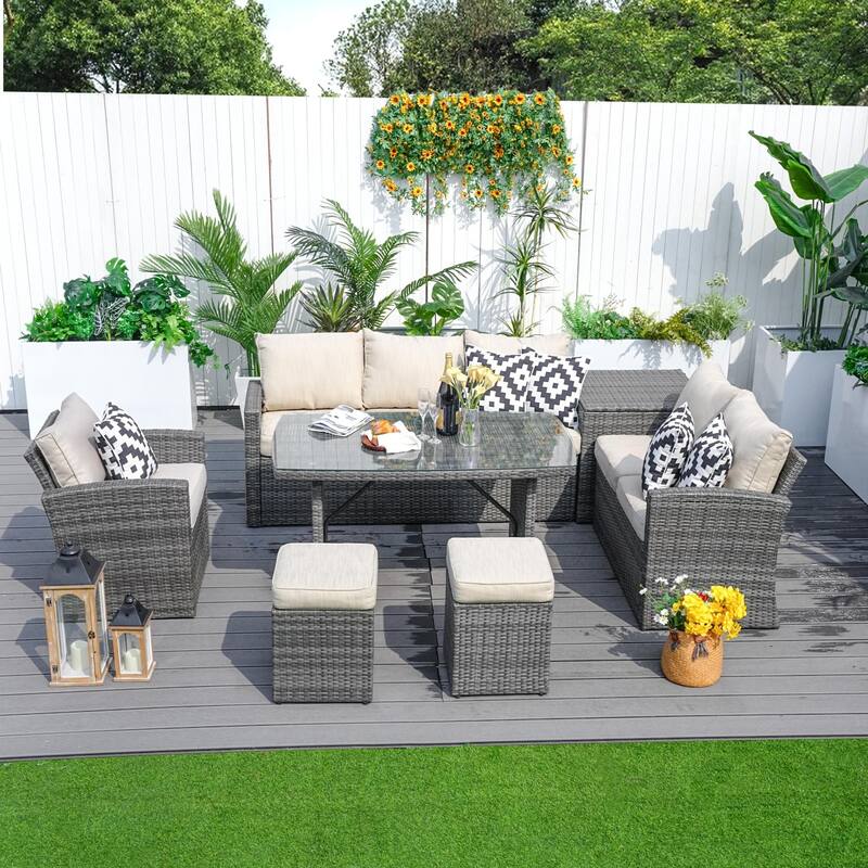 7-piece Patio Outdoor Wicker Sectional Sofa Set with Storage Box and Ottoman