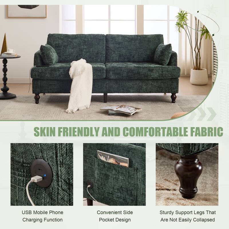 Modern Chenille 2-Seater Wood-Legged Sofa with LED light, USB Charging Port and Storage Bag