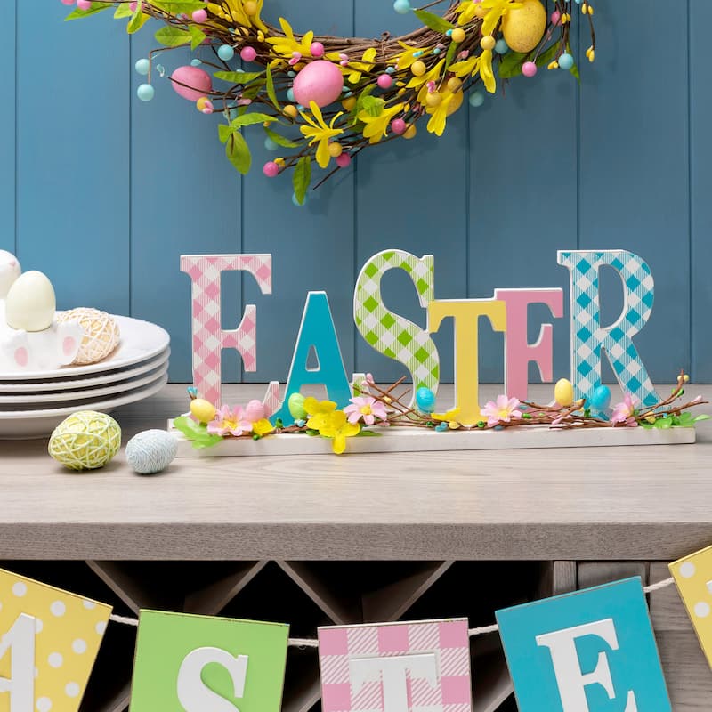 Glitzhome Wooden EASTER HOP Happy Easter with Artificial Rattan Table Sign Decor Centerpiece