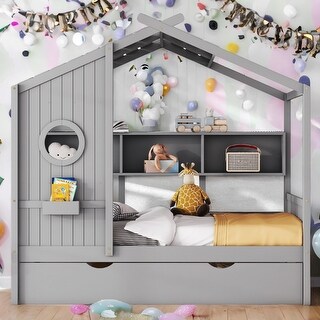 Playhouse Design Full Size House Wooden Bed With Trundle, Modern Design for Kids with Storage Shlef-Gray