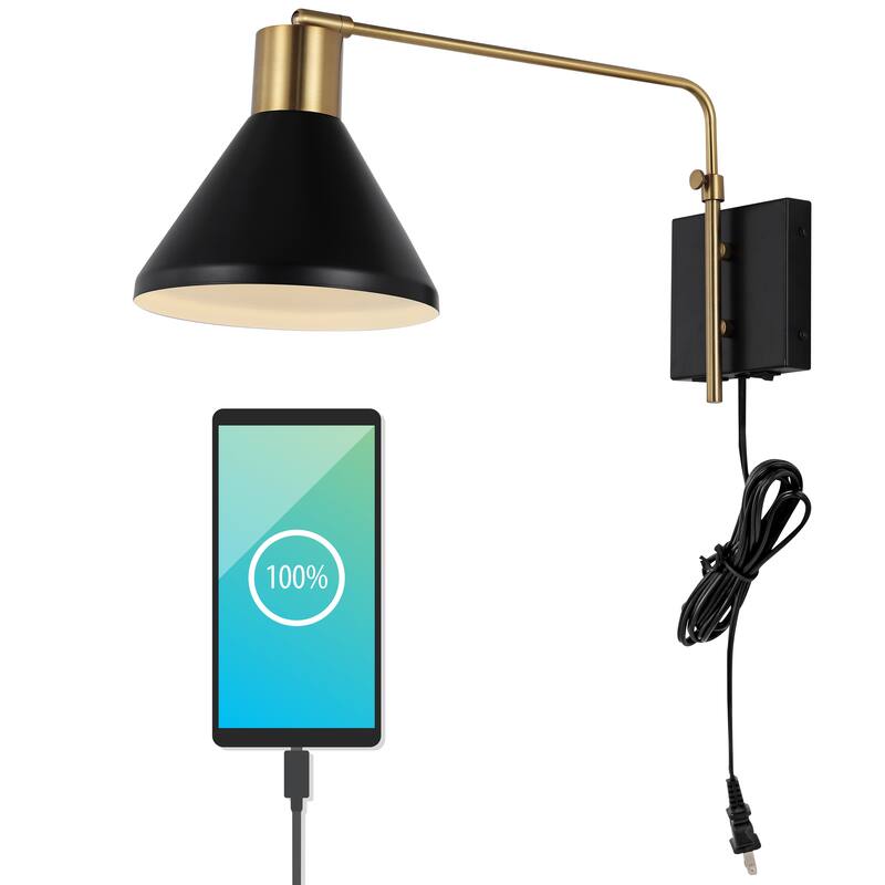 Justina Swing Arm 1-Light Modern Midcentury Iron USB Charging Port LED Sconce, by JONATHAN Y