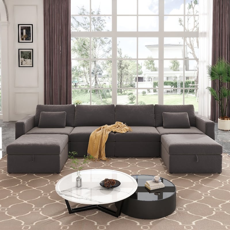 Modern Cotton Linen L-Shape Sectional Sofa, Oversized Upholstery Sectional Sofa, Chaise Couch with Storage Ottomans for Living R
