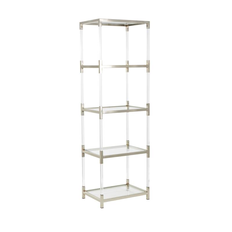 Metal Minimalistic 5 Tier Shelving Unit with Clear Glass Shelves and Acrylic Legs - Gold or Clear - Roche River Decor