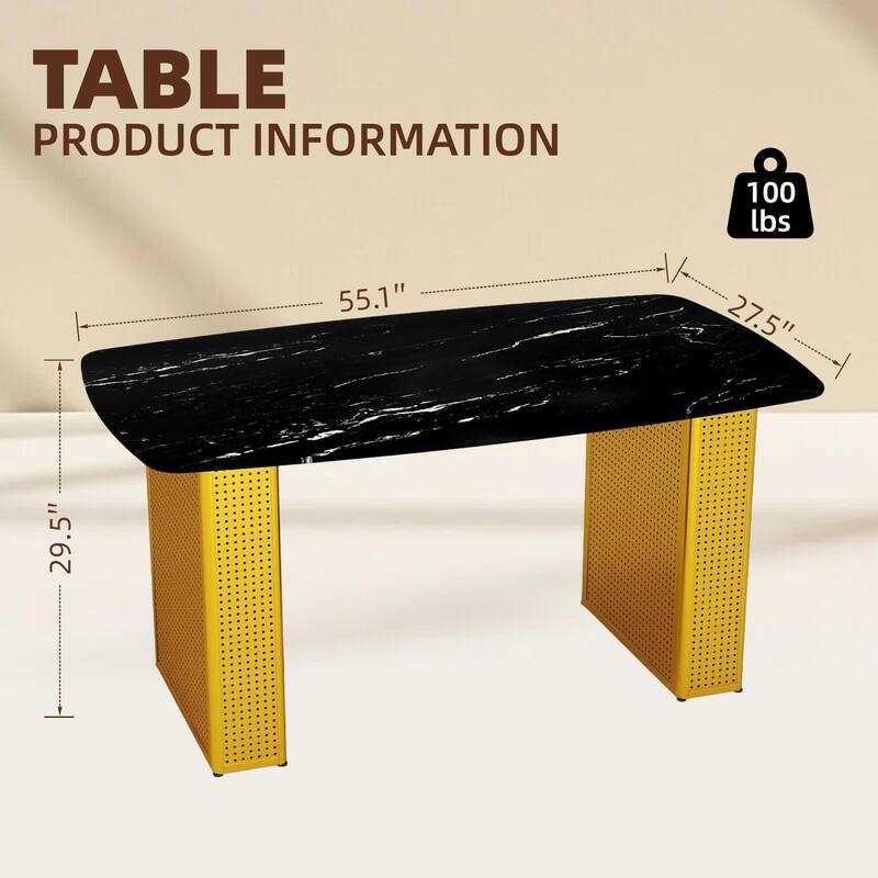 Modern Rectangular Tempered Glass Dining Table, Marble-Patterned Design with Gold Dual-Pedestal Metal Base for Dining Room