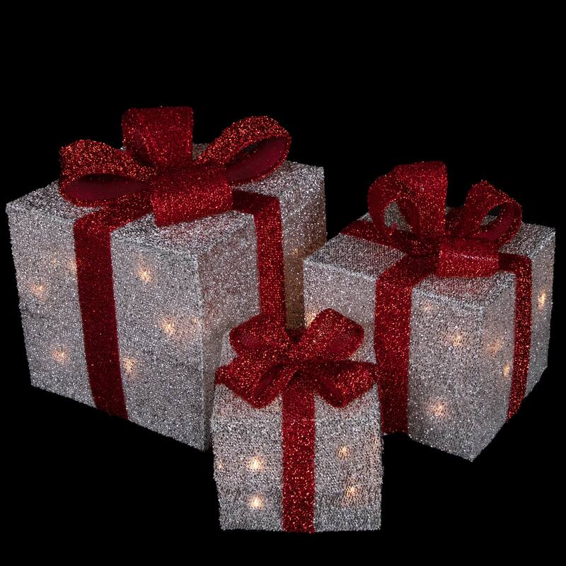 3 Silver Tinsel Lighted Gift Boxes Red Bows Christmas Decorations
