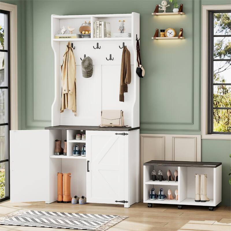 Barn Doors Hall Tree with Movable Bench, Entryway Bench with 7 Hooks and Shoe Cabinet, 76.9"H Rolling Coat Rack Coat Rack - White
