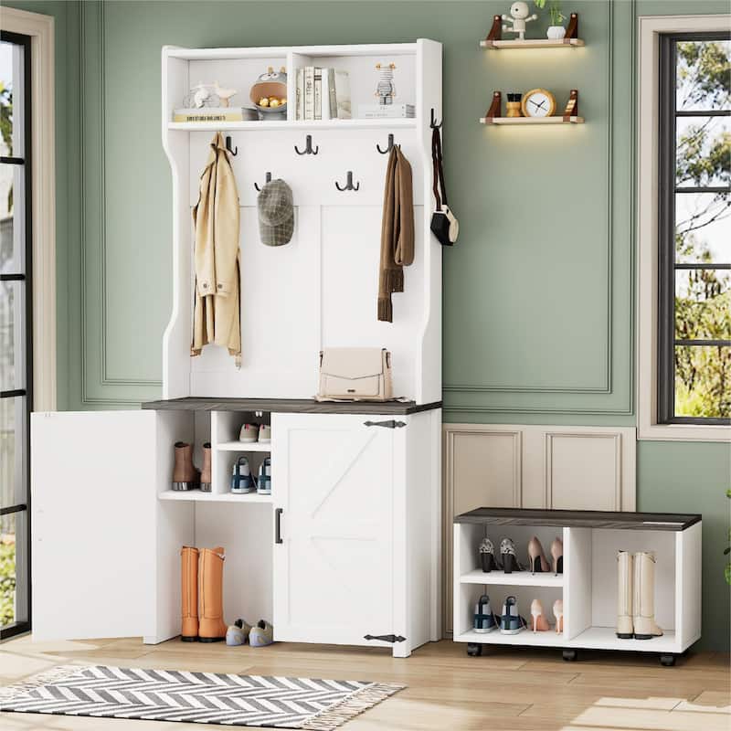 Roomfitters Farmhouse 4-in-1 Hall Tree with Barn Doors, Movable Bench with Shoe Storage and 7 Hooks, with Wheels - White+Walnut