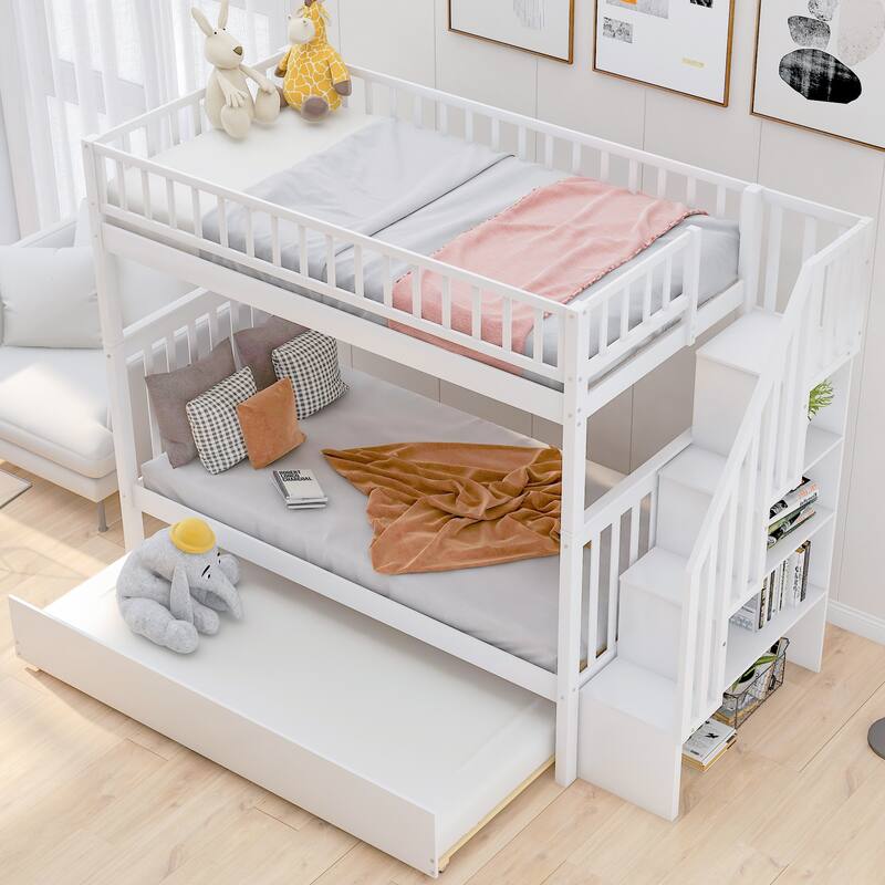 Space-Saving Twin Bunk Bed with Trundle and Side Storage, Split into 3 Separate Beds