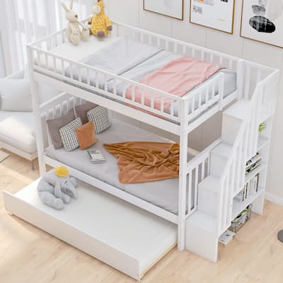 Twin Over Twin Bunk Bed with Trundle and Storage Shelves, Space-Saving Design
