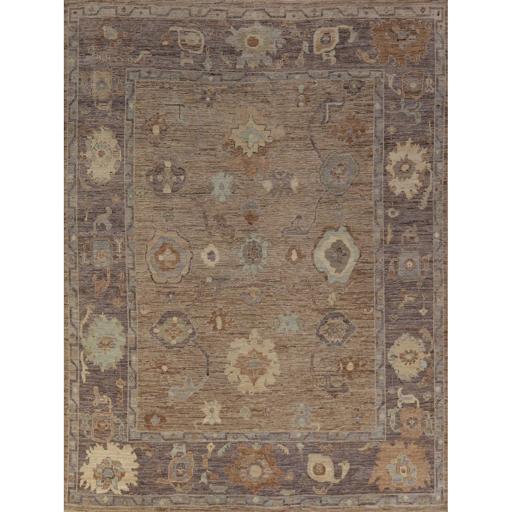 Hand Knotted Oriental 100% Wool Carpet Transitional All-Over Brown Oushak Area Rug - 9' 10'' X 8' 2''