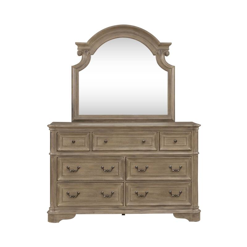 Magnolia Manor Upholstered Bed, and Dresser and Mirror Set