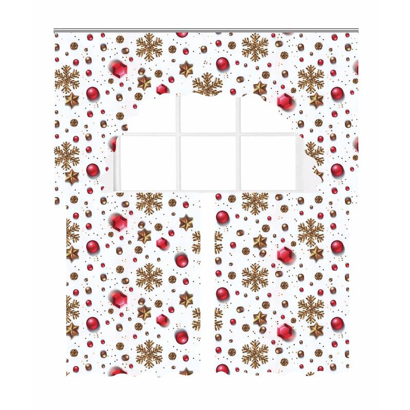 Violet Linen European Christmas Accents Stars, Snowflakes and Jewel Pattern Decorative Window Kitchen Curtain Set - 1-Valance and 2-36" Tiers - Multi