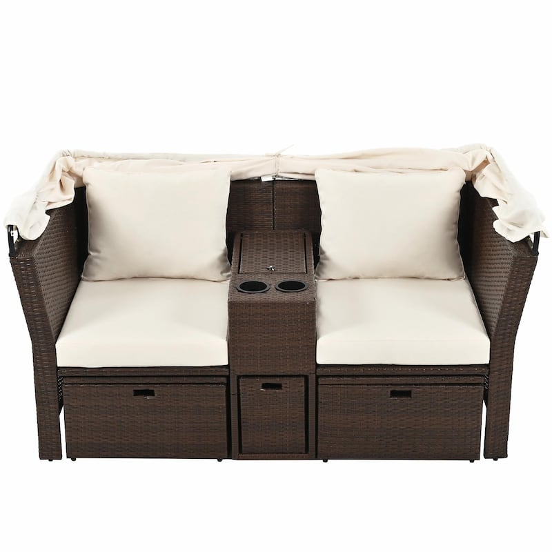 Outdoor Patio Loveseat Sofa Set with Foldable Awning