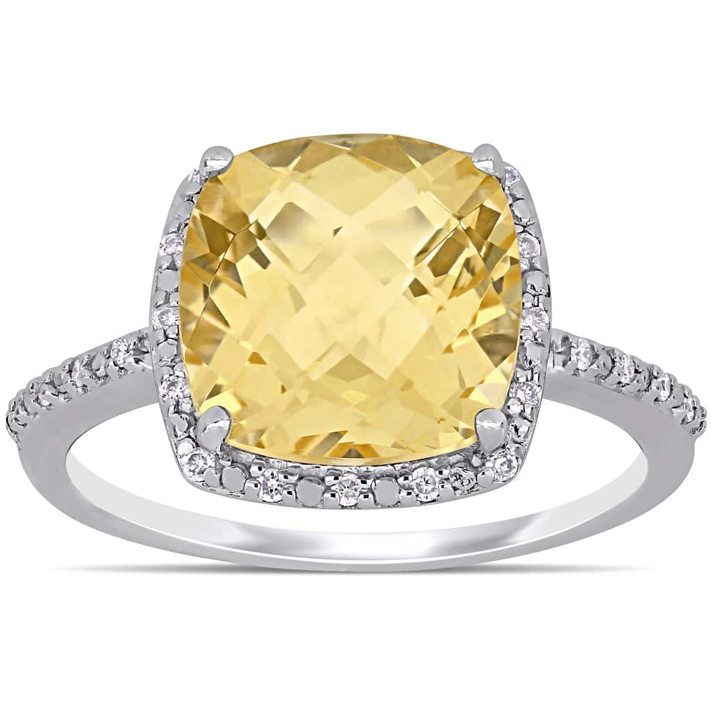 Miadora Sterling Silver Cushion-Checkerboard-Cut Citrine and 1/10ct TDW Diamond Cocktail Ring
