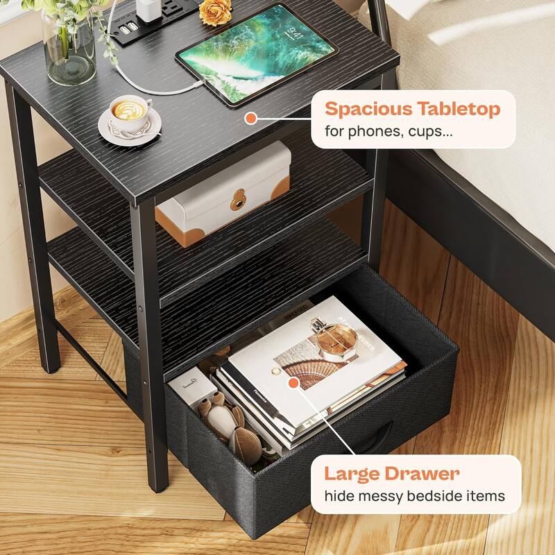 Nightstand Set of 2 Or 1 with Charging Station and USB Ports, Storage End Table with Fabric Drawer, Night Stand for Small Spaces