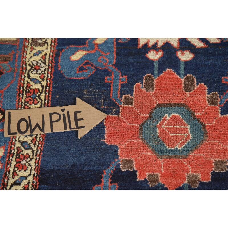 Hand Knotted Oriental 100% Wool Carpet Traditional Floral Navy Blue & Blues Heriz Runner Rug - 14' 9'' X 3' 9''