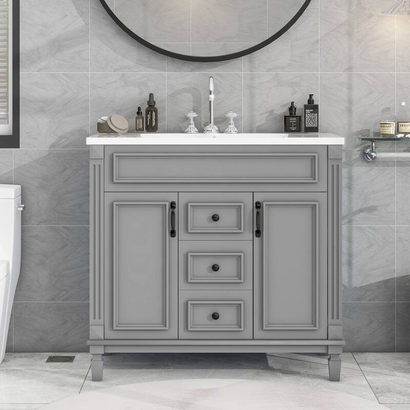 36" Modern Bathroom Vanity with Resin Sink, 2 Soft-Close Doors, 2 Drawers, & Cabinet Storage