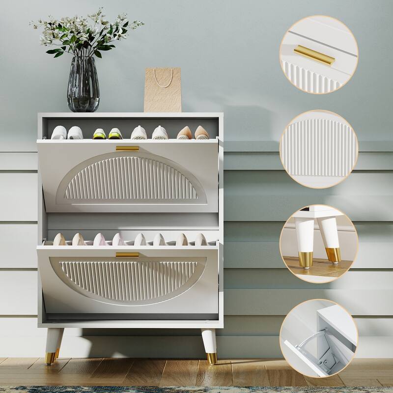 25''W Slim Shoe Cabinet, Fluted Hidden Shoe Storage Cabinet with 2 Flip Drawers, Wooden Shoe