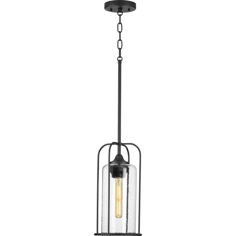 Watch Hill Collection 1-Light Textured Black Clear Seeded Glass Farmhouse Pendant Hanging Lantern Light