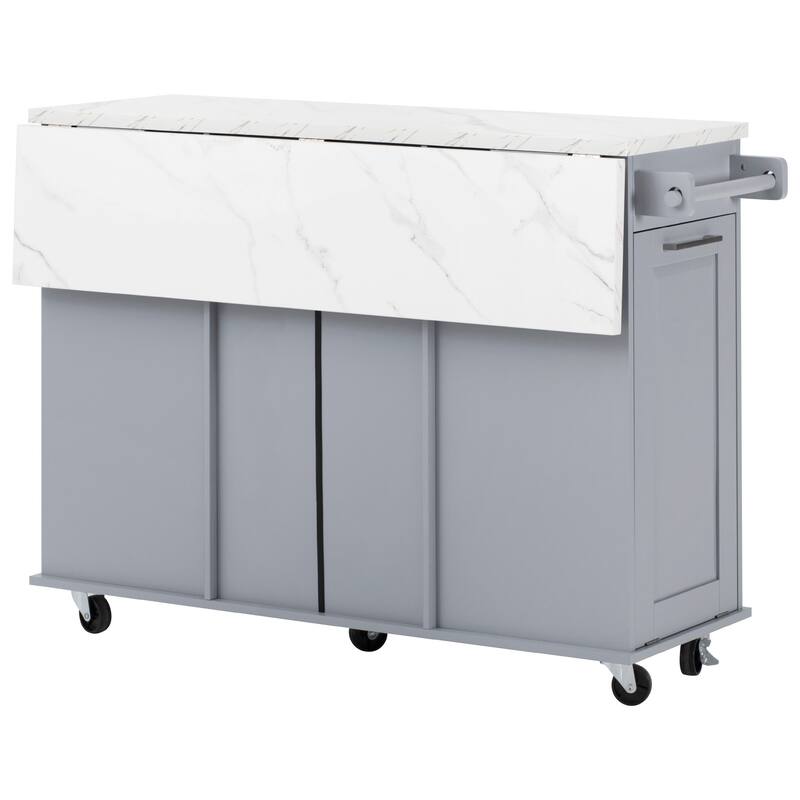 50.7" Kitchen Island with Drop Leaf, Pull Out Cabinet Organizer, Rolling Wheels, Trash Bin and 2 Drawers