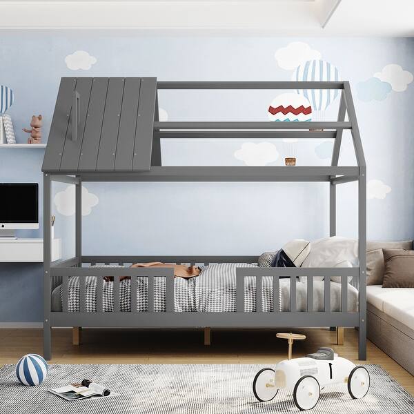 slide 2 of 39, Full Size Wooden House Bed with Roof and Fence, Ideal for Kids' Bedrooms Gray