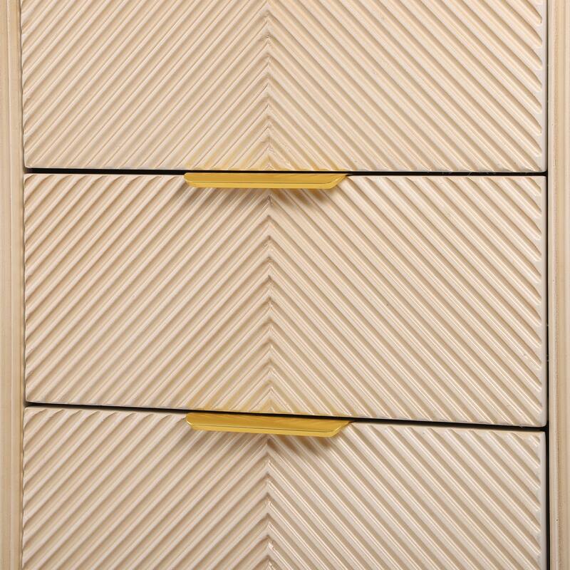 Mid-Century Fluted 3-Drawer Nightstand - Curved Profile + Wide Gold Glossy Handles, Easy Assembly Bedside/End Table (Champagne)