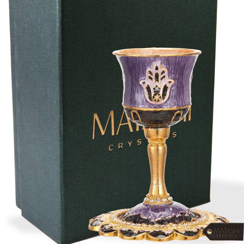 Tall 5" Kiddush CupSet w/Stem-Tray Embellished w/Crys.& HamsaDesign