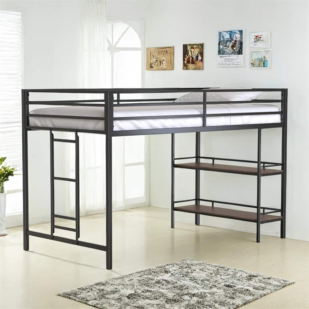 Sturdy Junior Twin Loft Bed for Kids,Loft Bed w/Wood Shelf & Guardrail