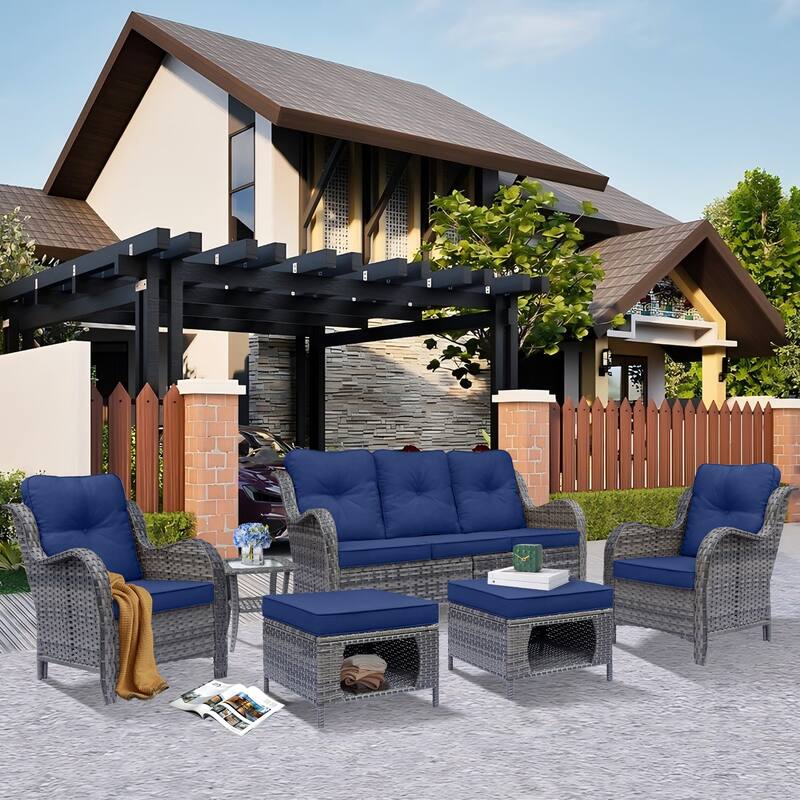 6 Piece Outdoor Patio Conversation Furniture Wicker High Back Sofa Set - Navy Blue-Gray Rattan