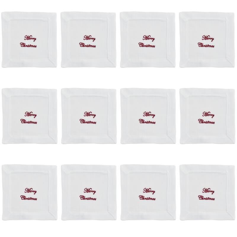 Embroidered Cocktail Napkins With Merry Christmas Design (Set of 12) - 6"x6"