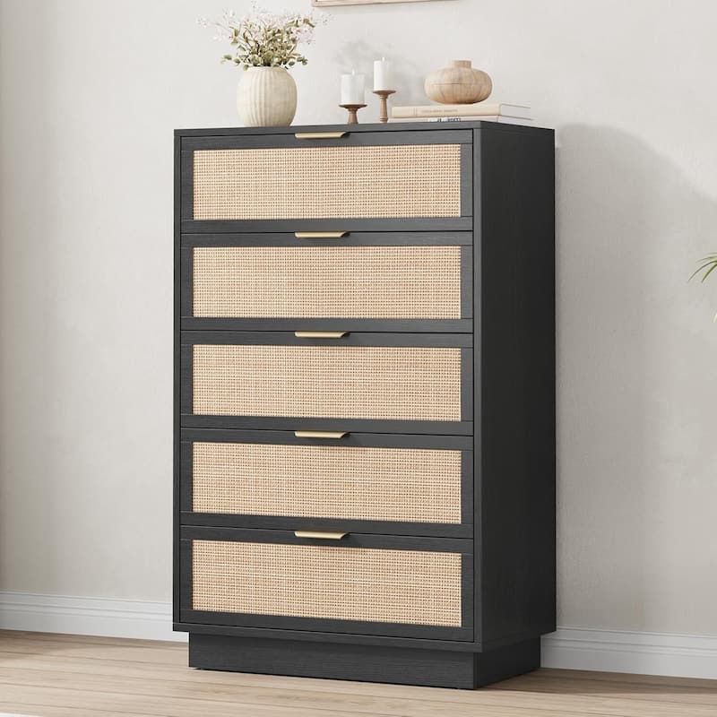 5 Drawer Rattan Dresser for Bedroom - Black