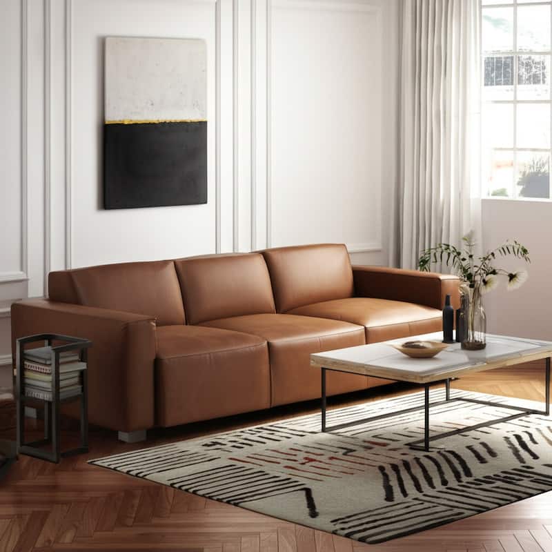 Fabric Wood Sofa with Wide Track Arms Modern Design - 30" Tan - 112" x 39" x 30"