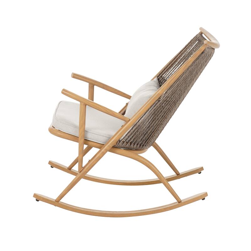 Anmytek Outdoor Rocking Chair with Gray PE Rattan Backrest and Light Gray Cushion Maple Finish Iron Frame Porch Furniture