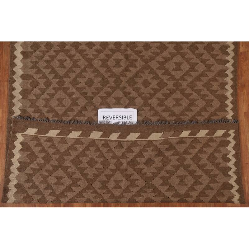 Brown Kilim Oriental Area Rug Flat-weave Reversible Wool Carpet - 5'3" x 7'8"