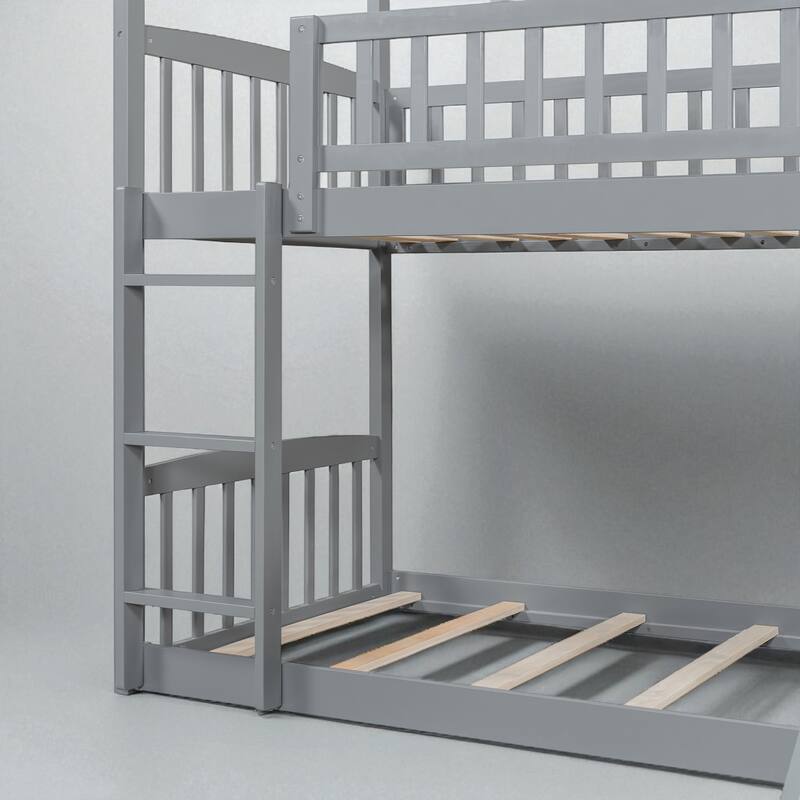 Twin Over Twin House Bunk Bed with Slide, Solid Wood Kids Bunk Bed with Guardrails and Ladder, No Box Spring Needed