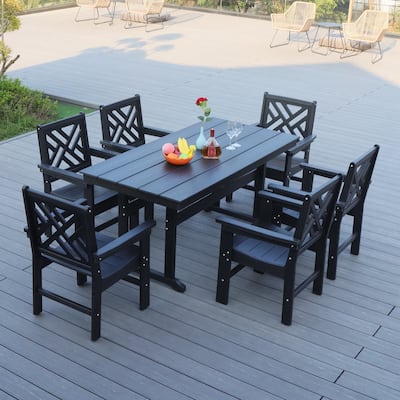 7 Piece HDPE Patio Outdoor Furniture Set for 6, Dining Table and Chairs,Outdoor Table with Umbrella Hole, Outdoor Dining