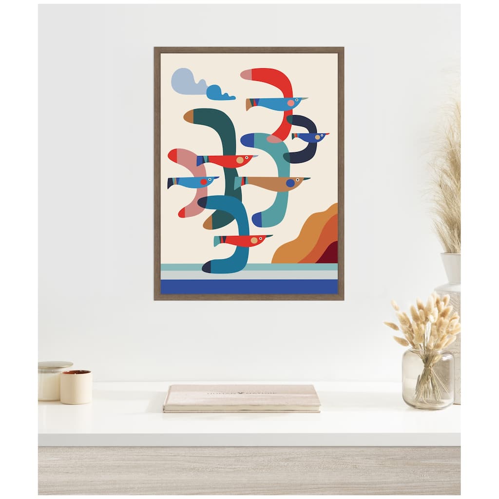 Kate and Laurel Seagulls Coastal Vibes by Rachel Lee Framed Canvas Wall Art Print